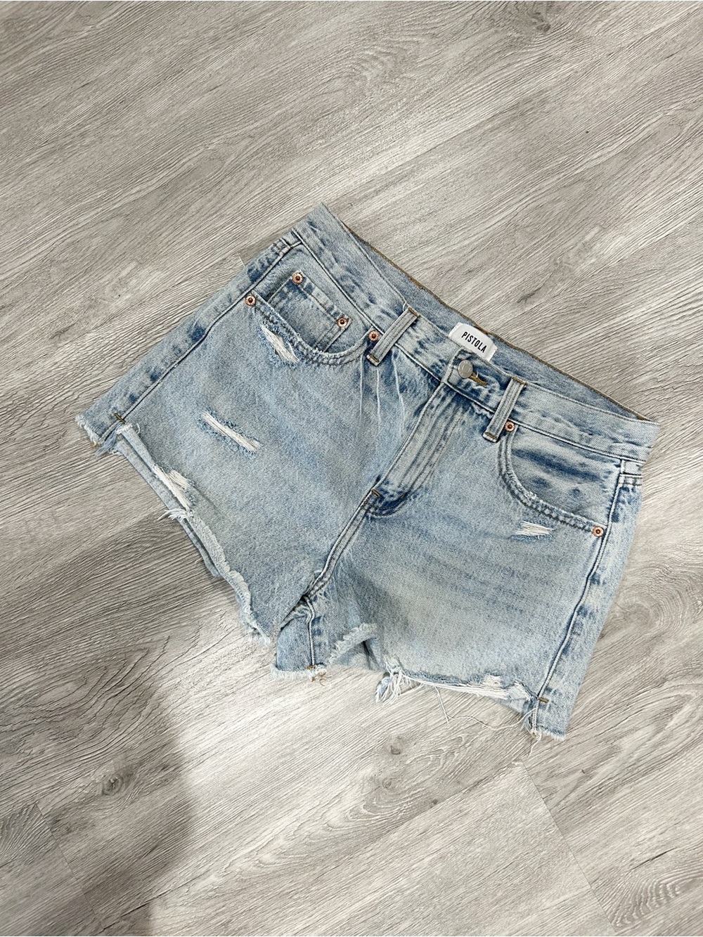 pistola Light Wash Distressed High Waist Denim Shorts
